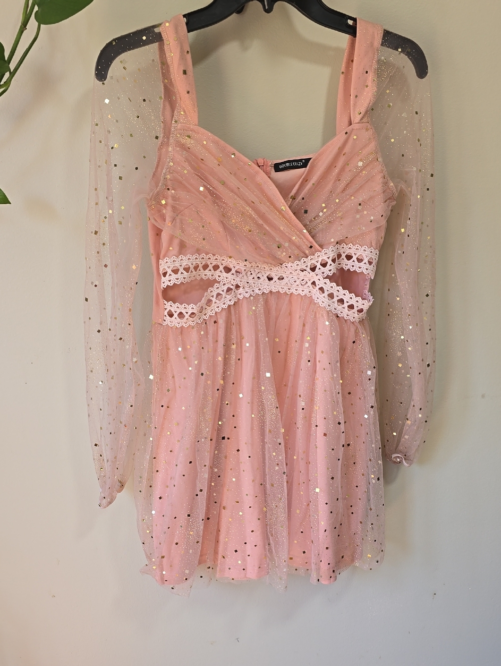 Pink Sparkle Lace-Trim Mini Dress with Sheer Sleeves